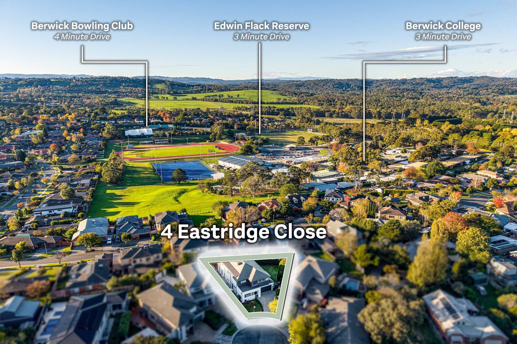 Aerial over Berwick with the property spotlit at the front and three amenities labelled above with drive times