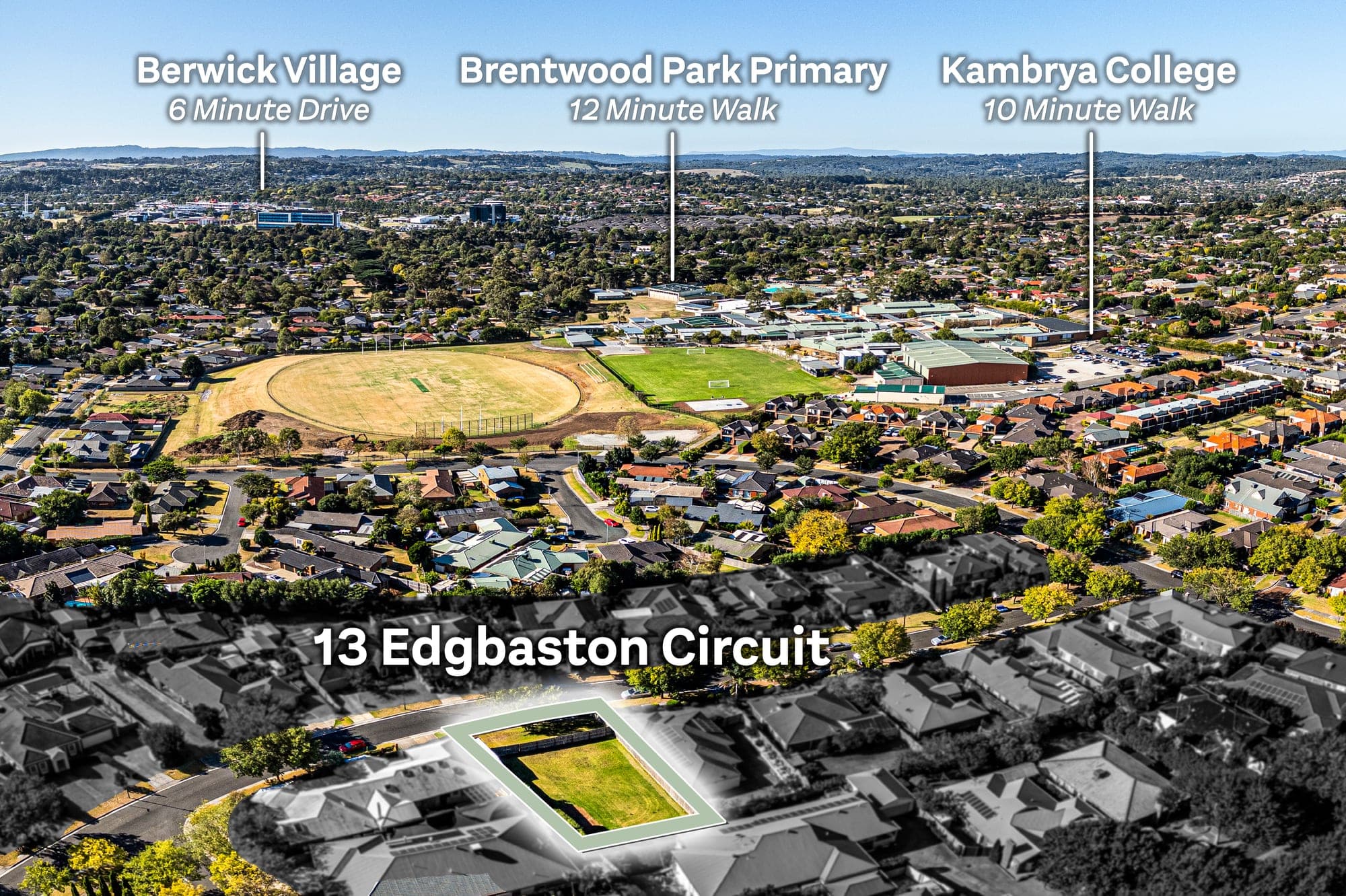 Aerial with the block outlined and three amenities labelled above, mixing walking and driving times