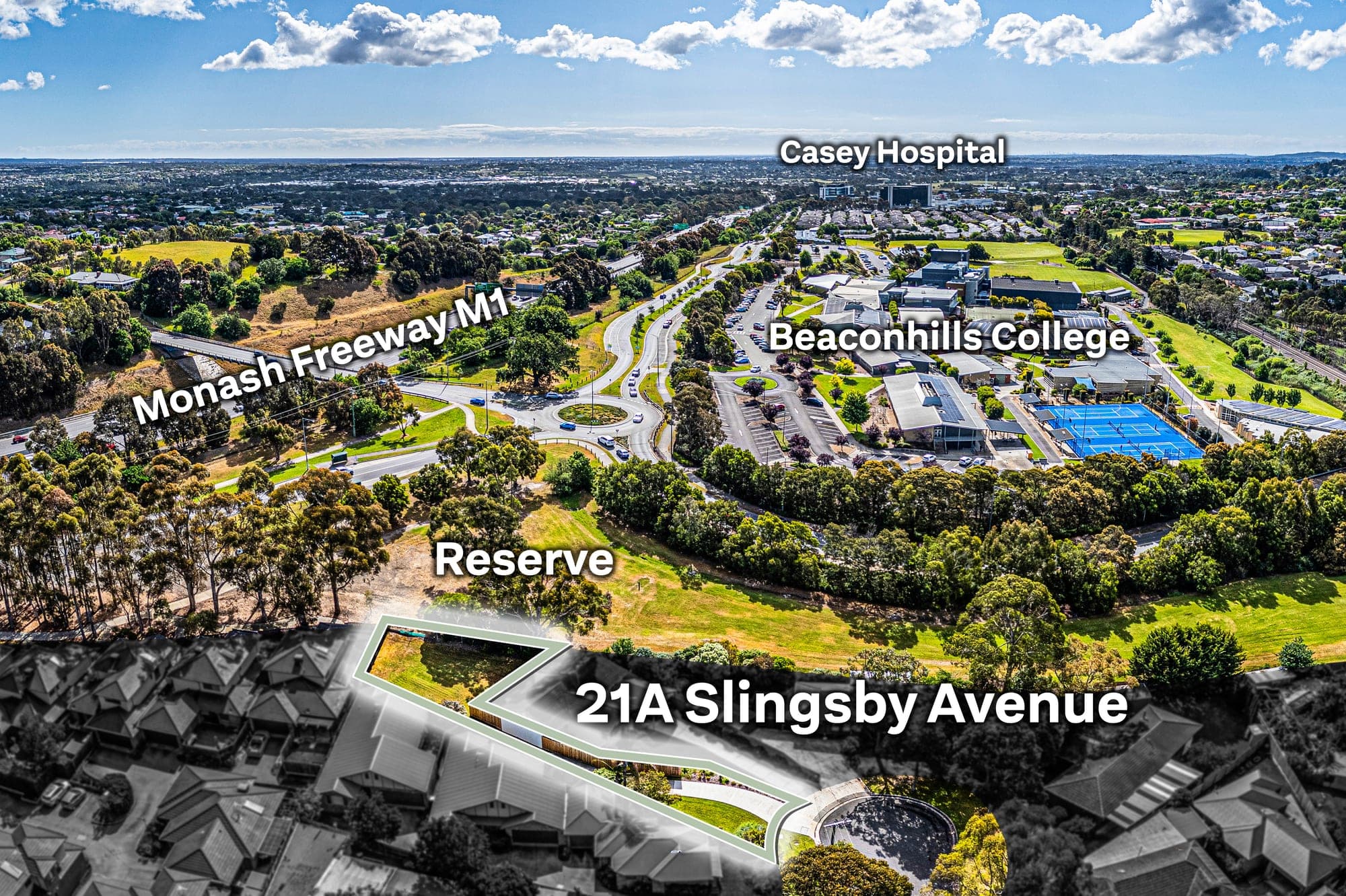 Aerial with the block outlined and nearby landmarks named directly on them, the freeway labelled along its own line