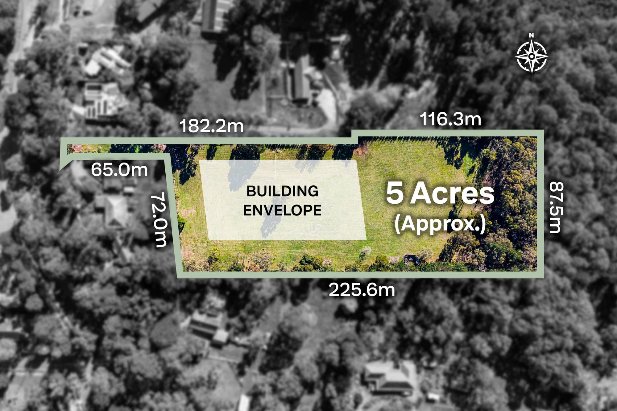 The finished land box: building envelope shaded and the block marked as five acres