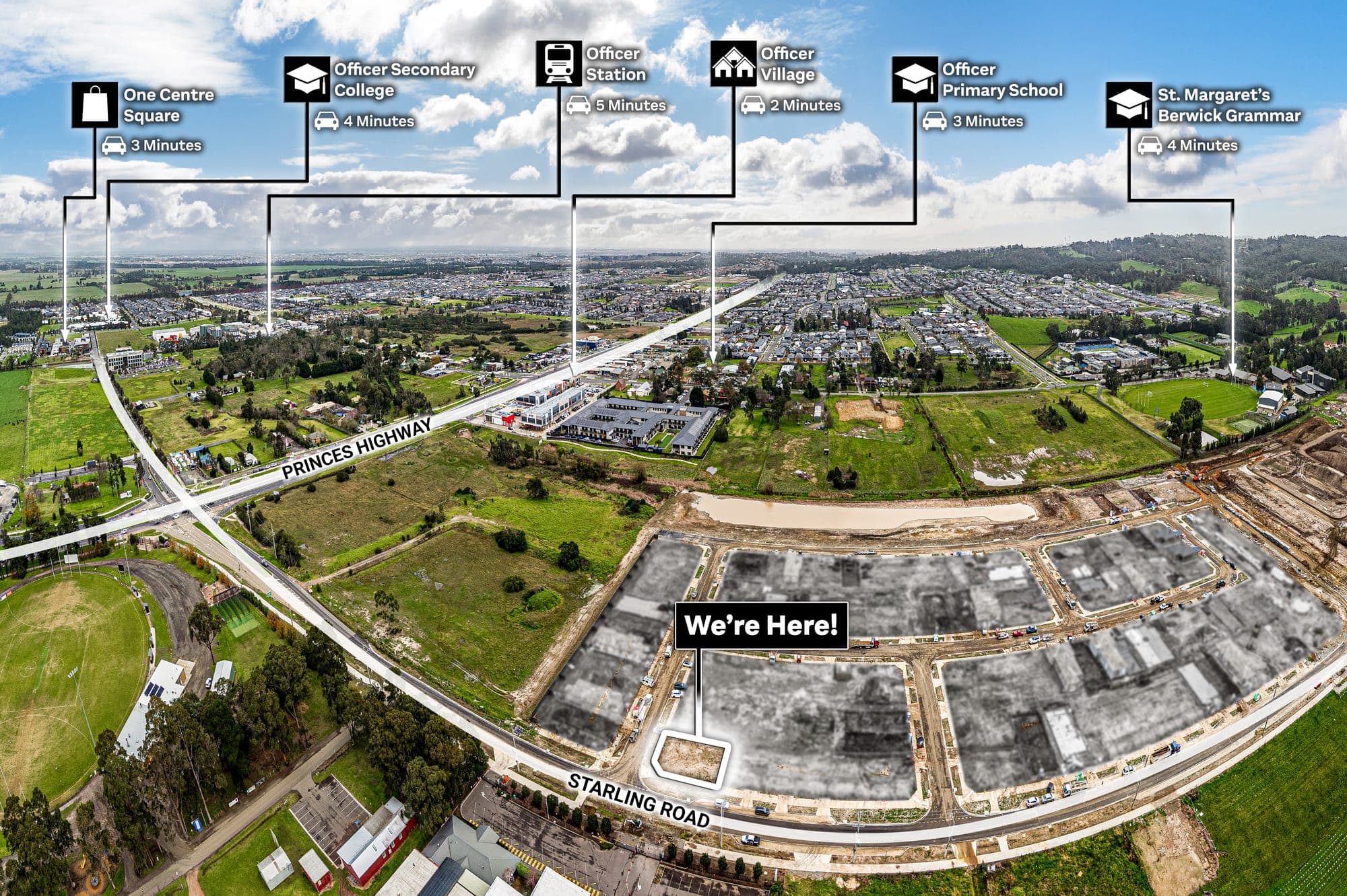 Wide aerial panorama over Officer, nearby amenities pinned with callouts and drive times and the property marked in the foreground