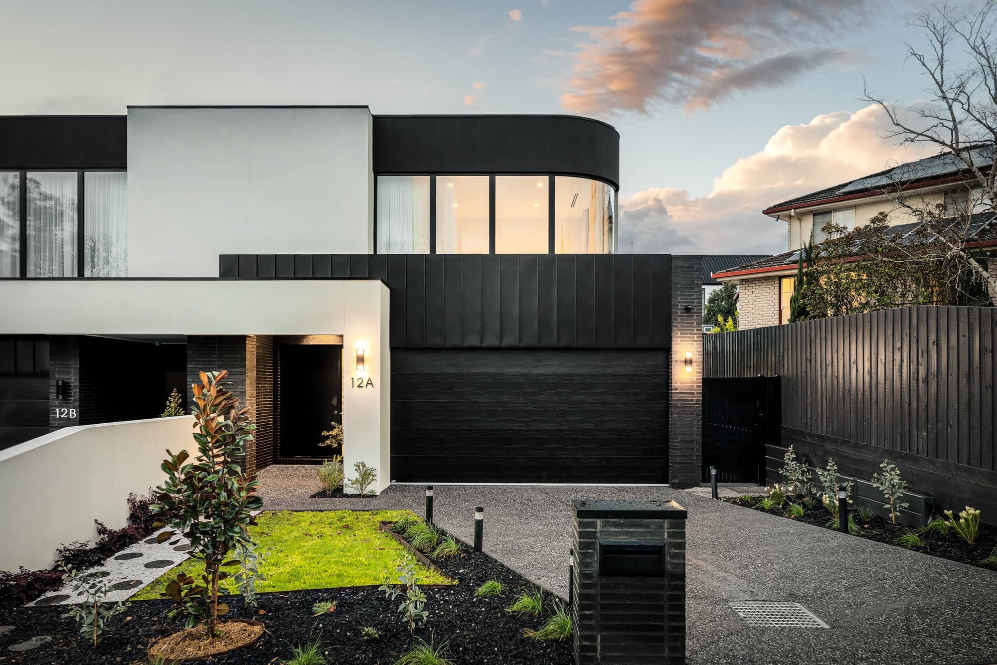 Black and white architectural facade at twilight, Berwick