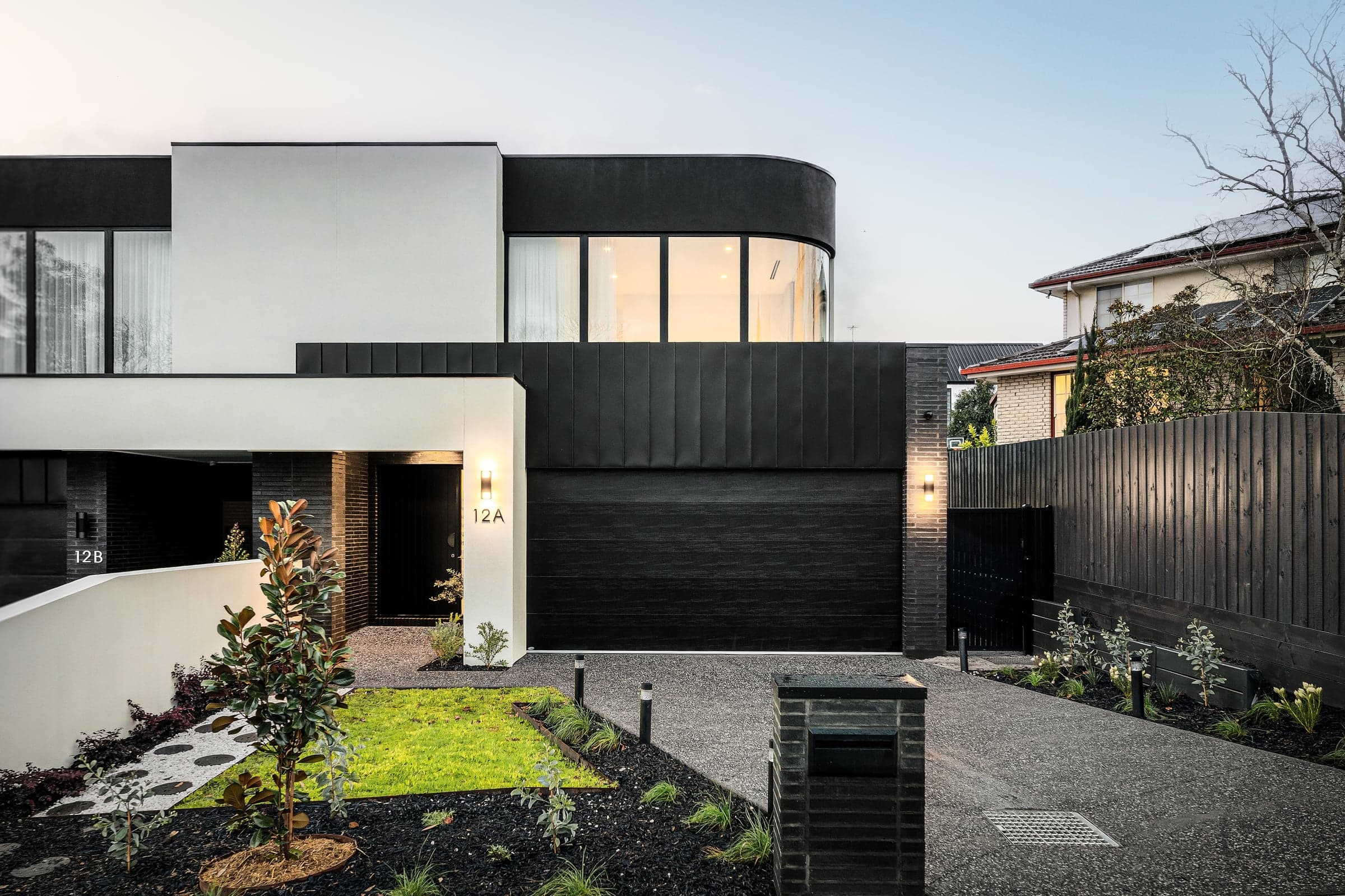 Black and white architectural facade at twilight, Berwick