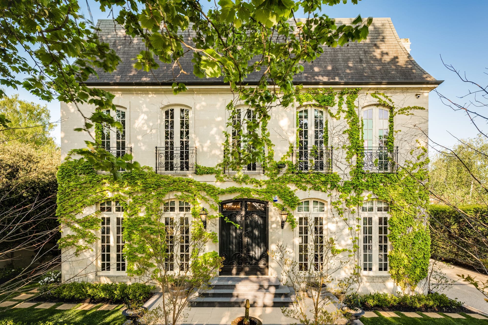 Ivy-covered French provincial facade in afternoon sun, dappled shade across the render and a clear blue sky