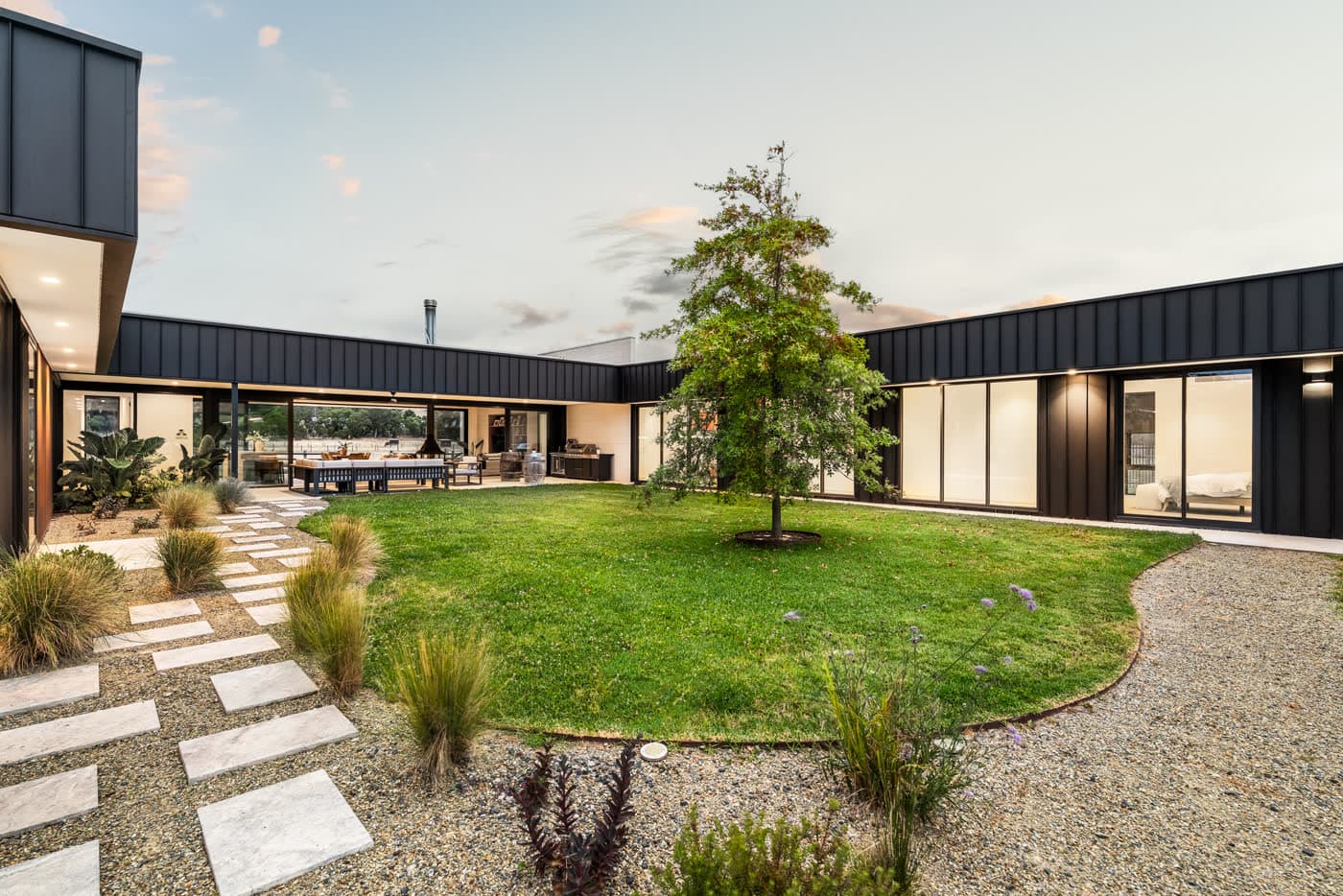 Central courtyard lawn with a feature tree